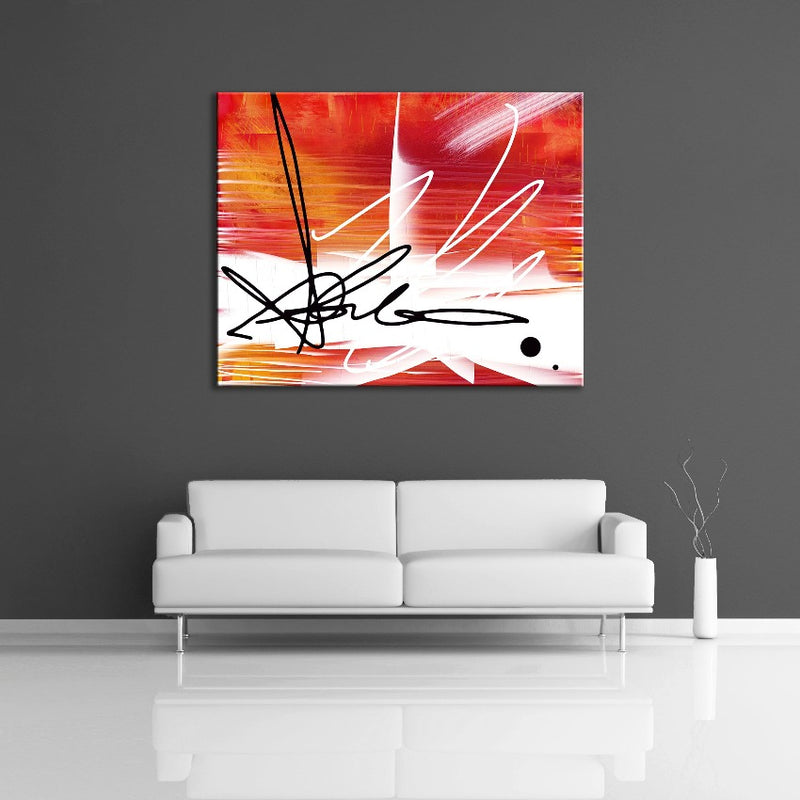 A modern abstract painting featuring the colours red, orange, yellow, white and black. Displayed on a wall.