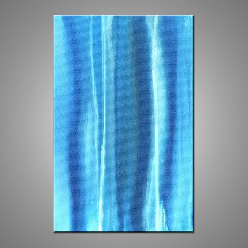 A modern abstract painting featuring the colours dark and light blue with streaks of white.