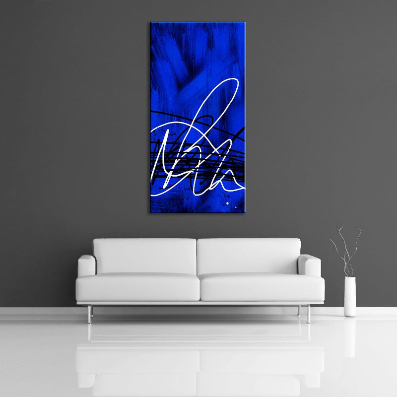 A modern abstract painting featuring the colours dark blue, black and white. Displayed on a wall.