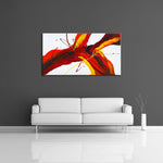 A modern abstract painting featuring the colours red, orange, yellow, black and white. Displayed on a wall.