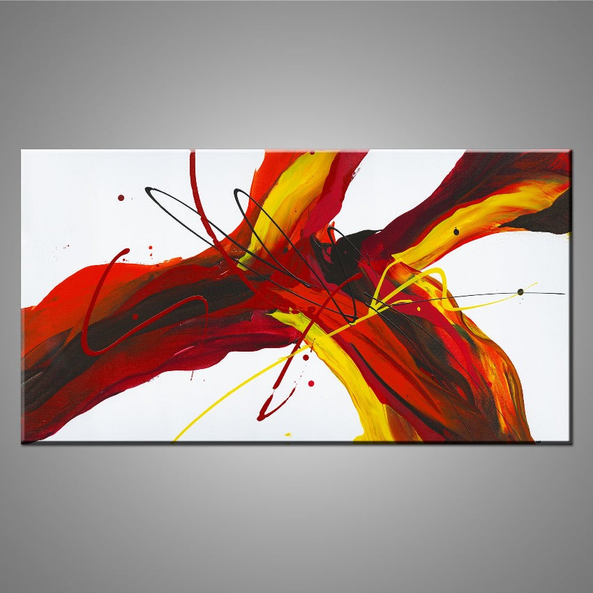 A modern abstract painting featuring the colours red, orange, yellow, black and white.