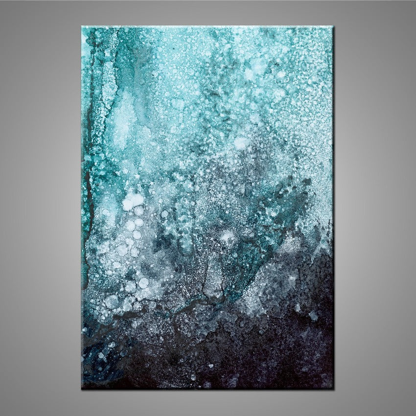 A modern abstract alcohol ink painting featuring the colours black, blue, green and white.