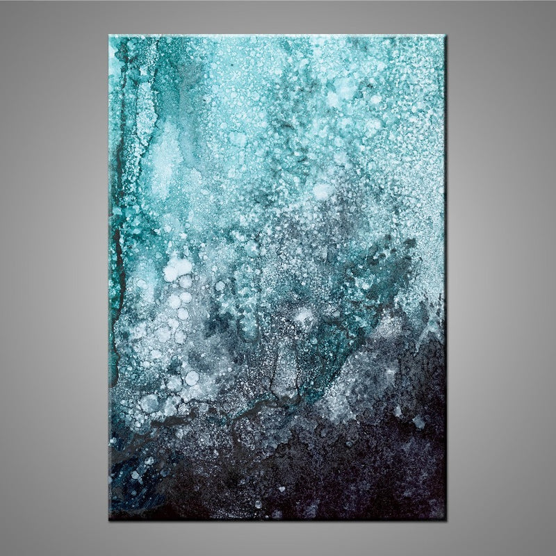 A modern abstract alcohol ink painting featuring the colours black, blue, green and white.