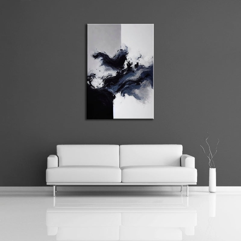 A modern abstract painting featuring the colours black, blue, gray and white. Displayed on a wall. 
