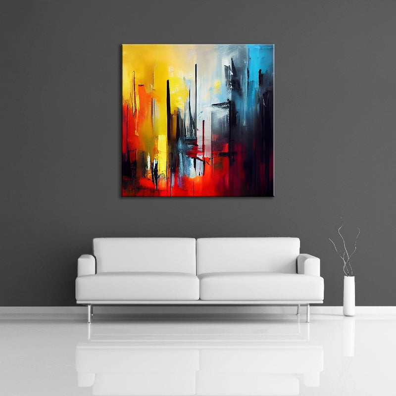 A modern abstract painting featuring the colours black, blue, gray and white. Displayed on a wall.