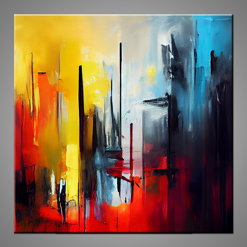 A modern abstract painting featuring the colours black, blue, gray, red, yellow,  and white.
