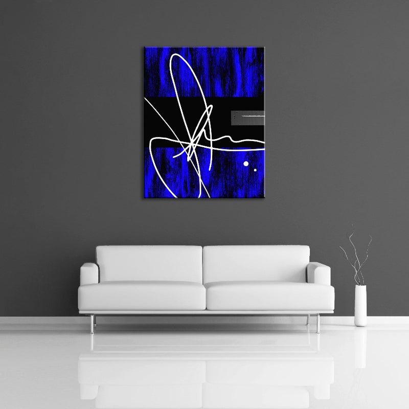 A modern abstract painting featuring the colours silver, gray, black and white. Displayed on a wall.