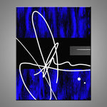 A modern abstract painting featuring the colours silver, gray, blue, black and white. 
