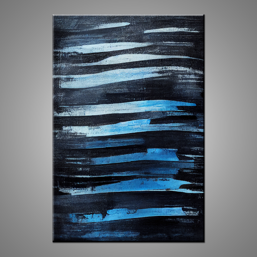 An abstract painting featuring horizontal black and blue lines. 