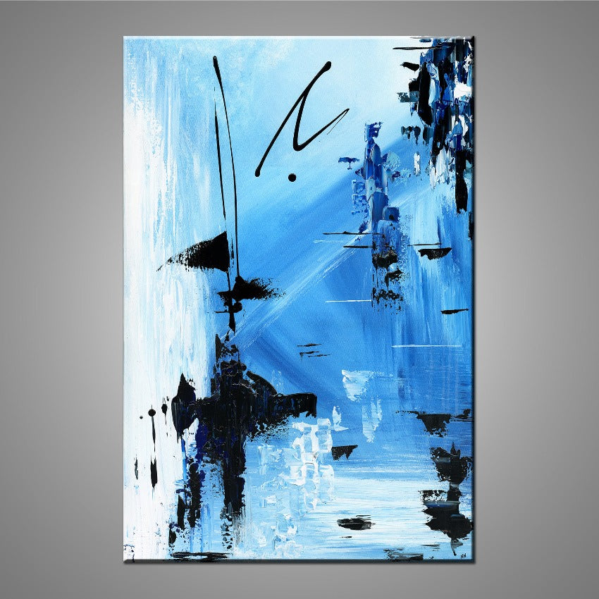 An abstract painting featuring light blue, white, and black acrylic paint. 