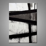 An abstract painting featuring strong black lines over solid white and gray paint.