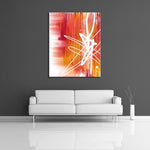 A digital abstract painting featuring the colours red, orange, yellow with a white squiggle. Displayed on a wall.