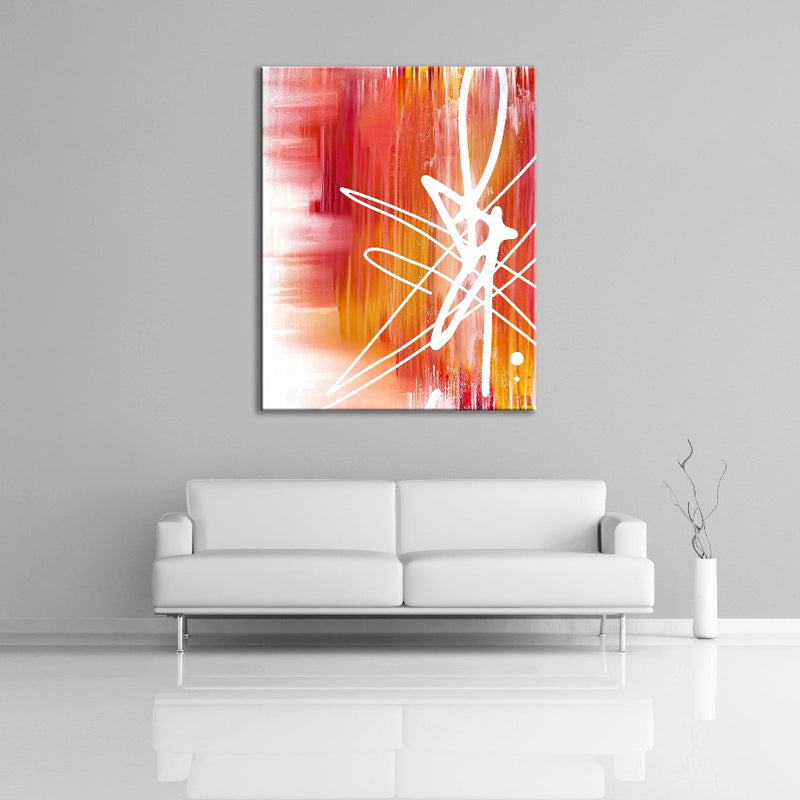 A digital abstract painting featuring the colours red, orange, yellow with a white squiggle. Displayed over a couch.