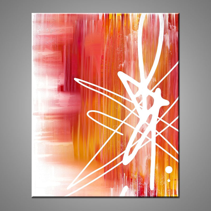 A digital abstract painting featuring the colours red, orange, yellow with a white squiggle.
