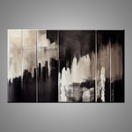 An abstract painting featuring the colors black and cream. 
