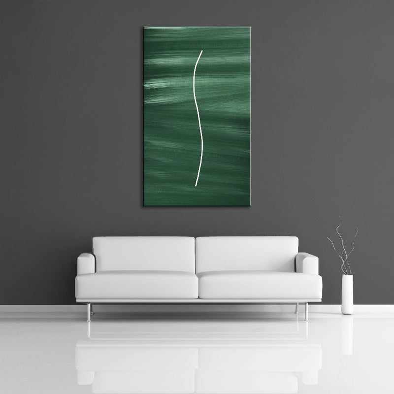 A abstract painting featuring the colours green and white. Displayed on a wall.