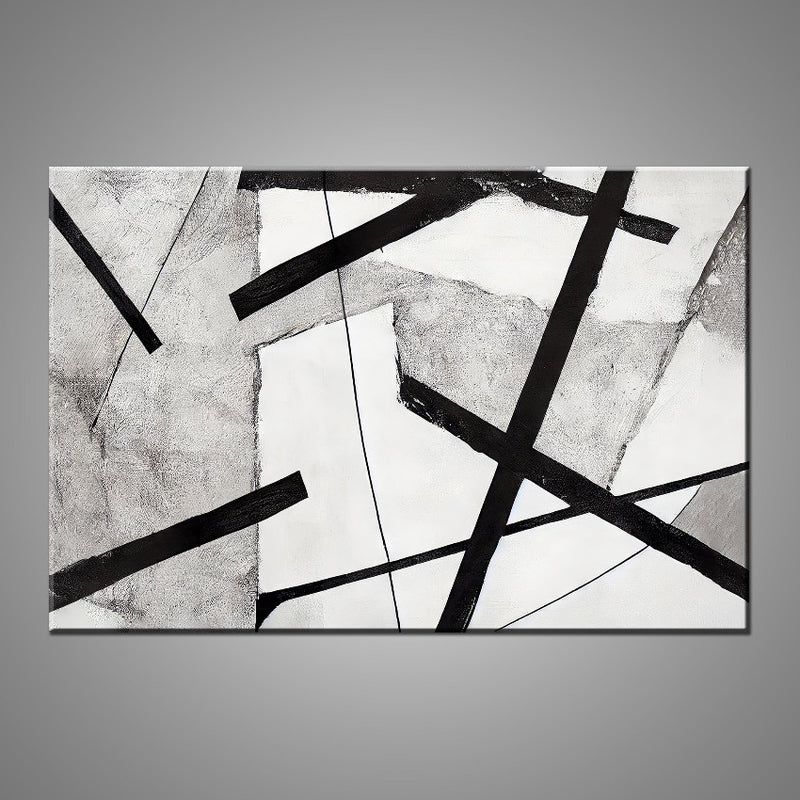 A abstract painting featuring strong black lines over the colours white and gray.