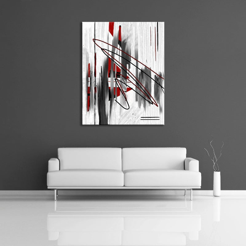 A modern abstract painting featuring the colours red, white and black. Displayed on a wall.