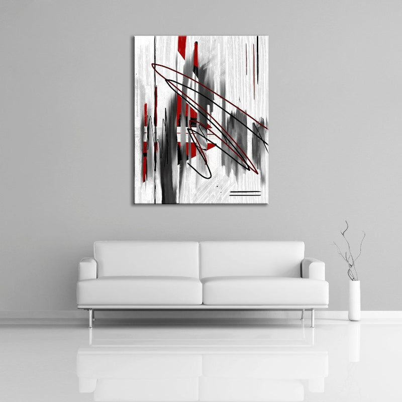 A modern abstract painting featuring the colours red, white and black. Displayed over a couch.