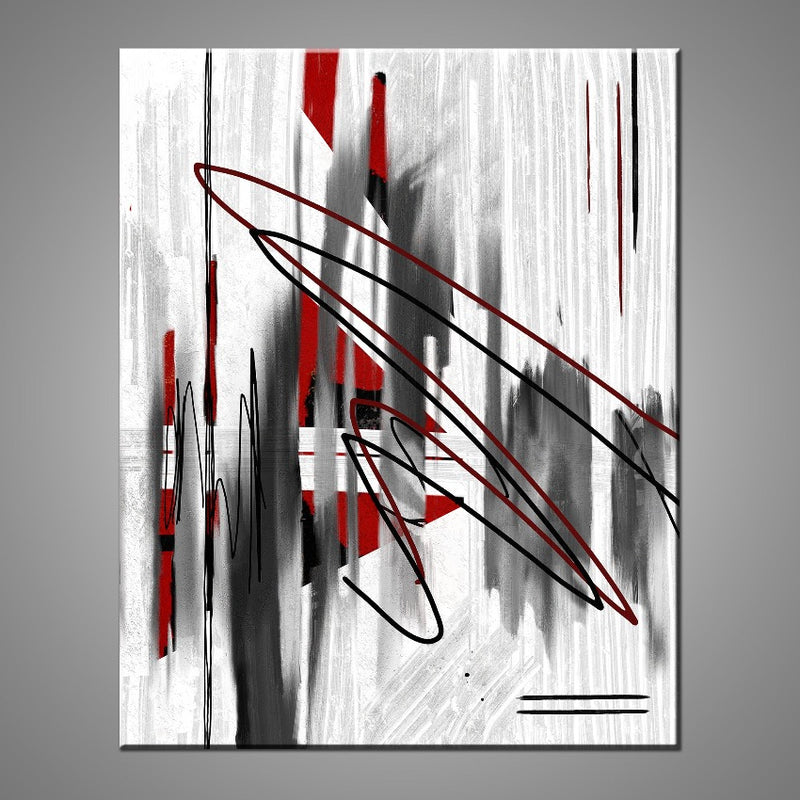 A modern abstract painting featuring the colours red, white and black.