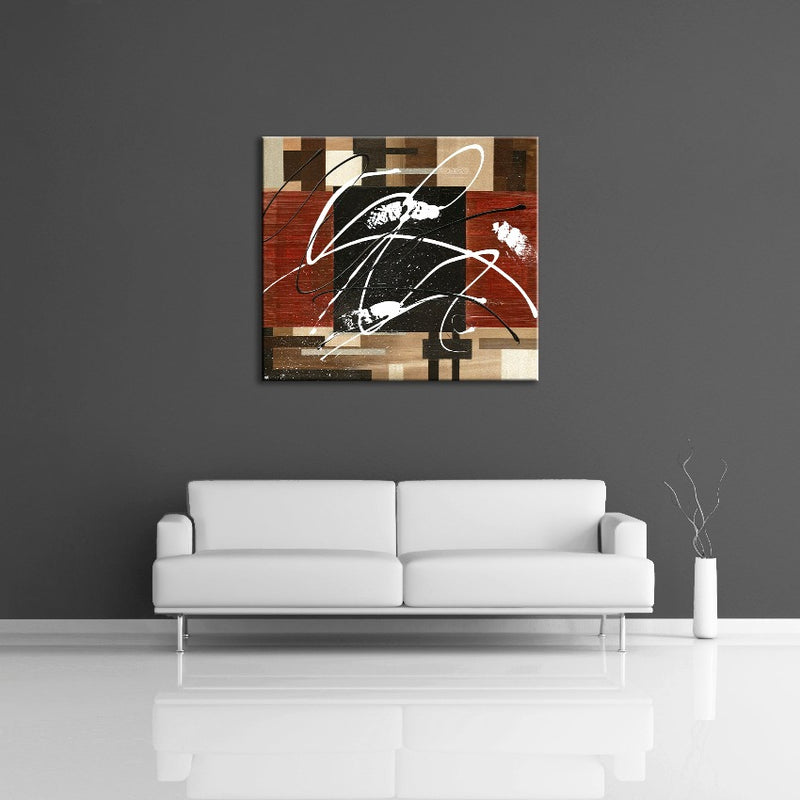 A modern abstract painting featuring the colours white, red, brown, cream and black. Displayed on a wall.