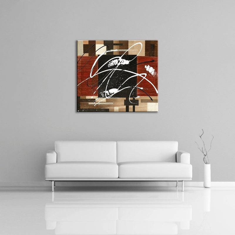 A modern abstract painting featuring the colours white, red, brown, cream and black. Displayed over a couch.