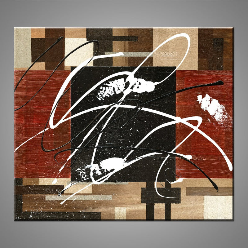 A modern abstract painting featuring the colours white, red, brown, cream and black.
