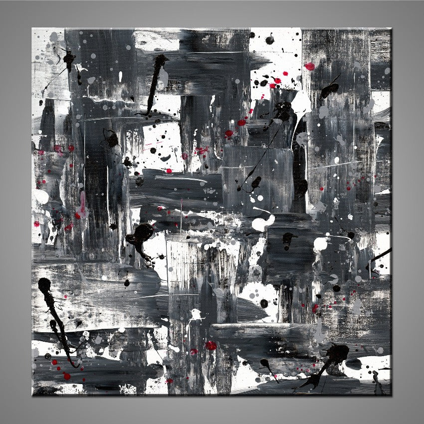 A modern abstract painting featuring the colours white, gray, black and red.