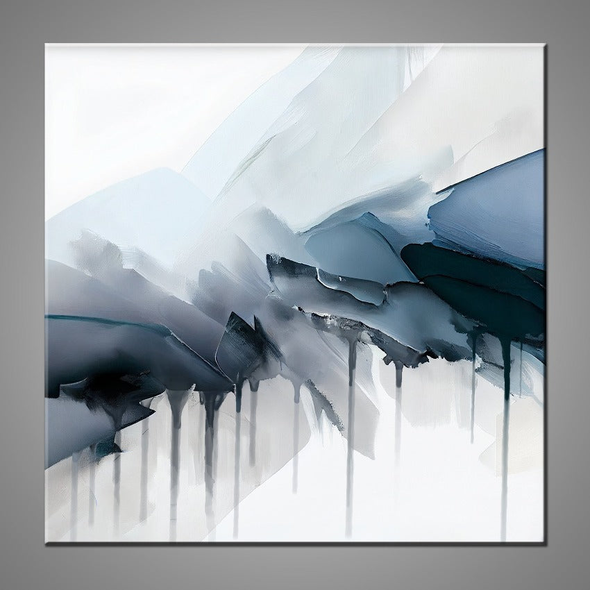 A modern abstract painting featuring the colours gray, white, light and dark blue. 