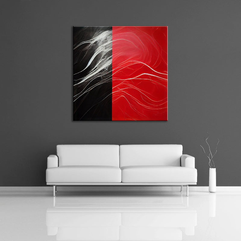 A modern abstract painting featuring the colours red, black and silver. Displayed on a wall.