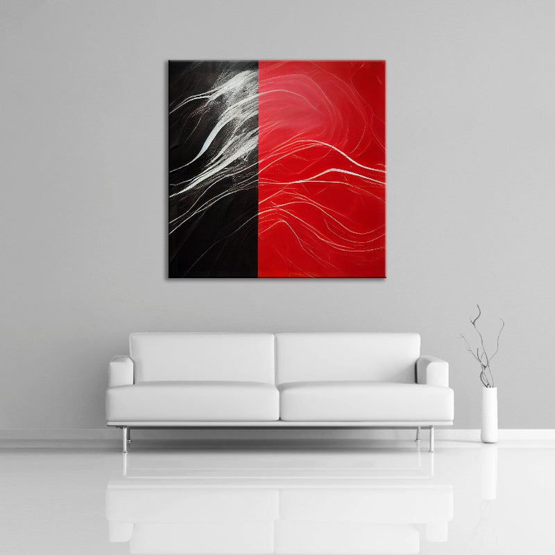 A modern abstract painting featuring the colours red, black and silver. Displayed over a couch.