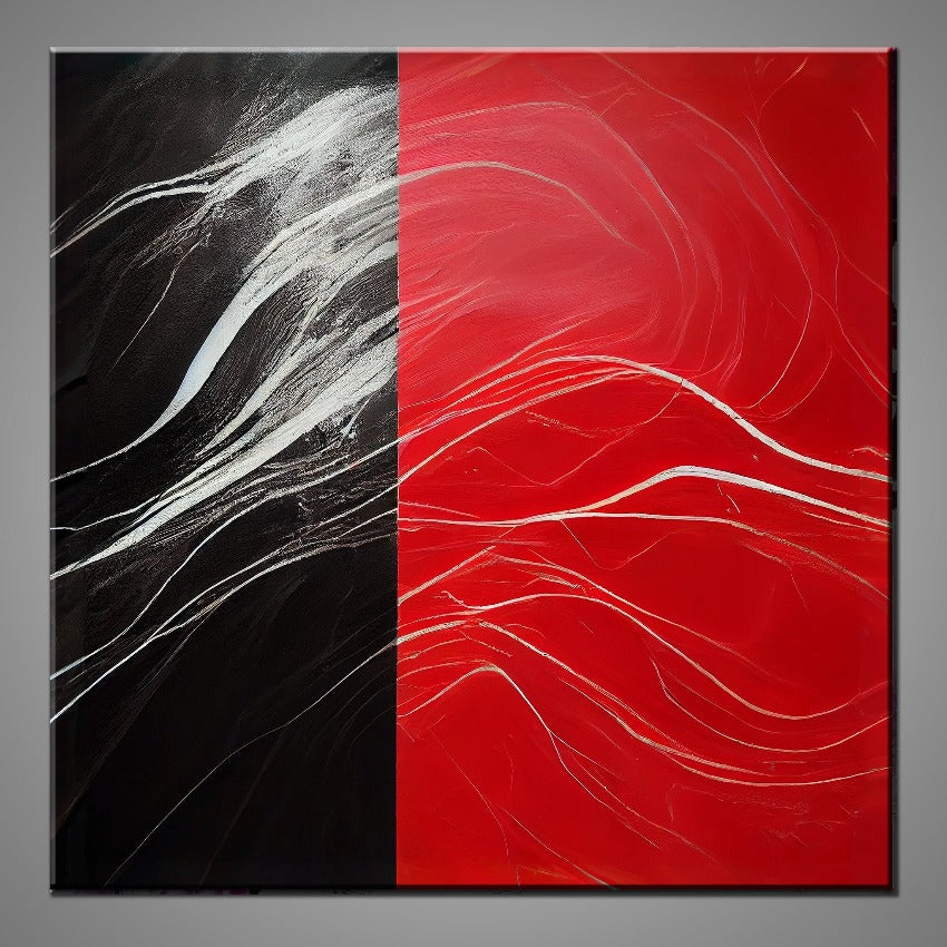 A modern abstract painting featuring the colours red, black and silver.
