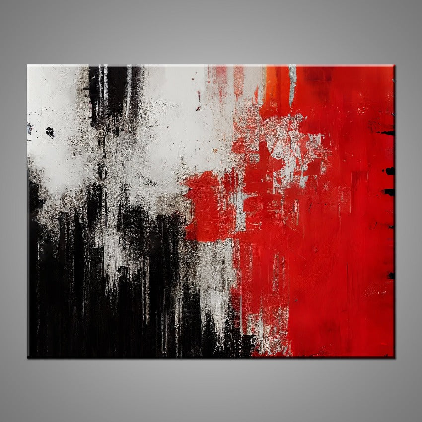A modern abstract painting featuring the colours red, black and cream.