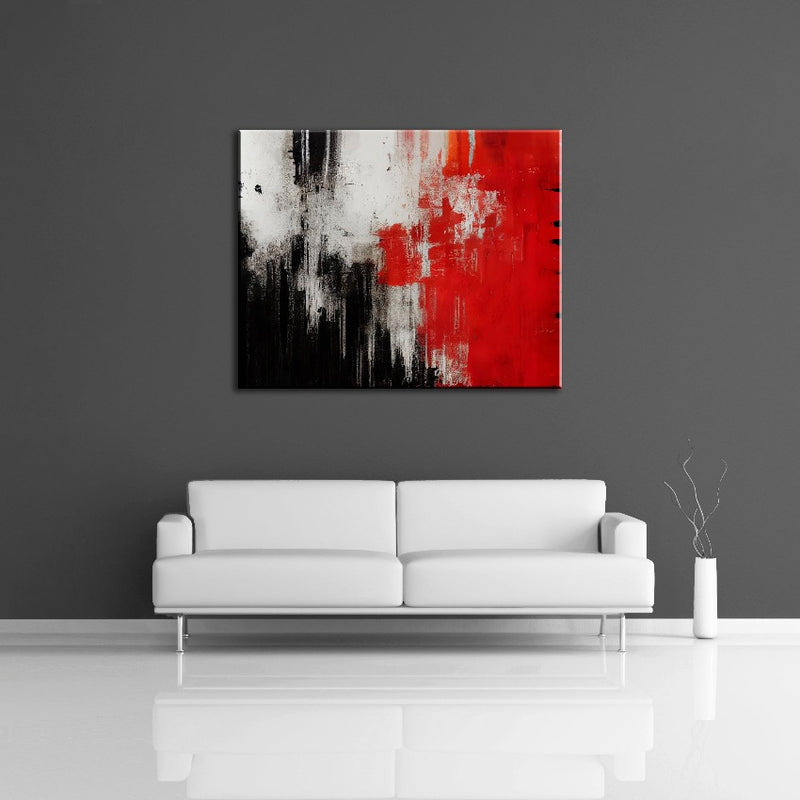 A modern abstract painting featuring the colours red, black and cream. Displayed on a wall.