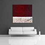 A modern abstract painting featuring the colours burgundy, cream, and black. Displayed on a wall.