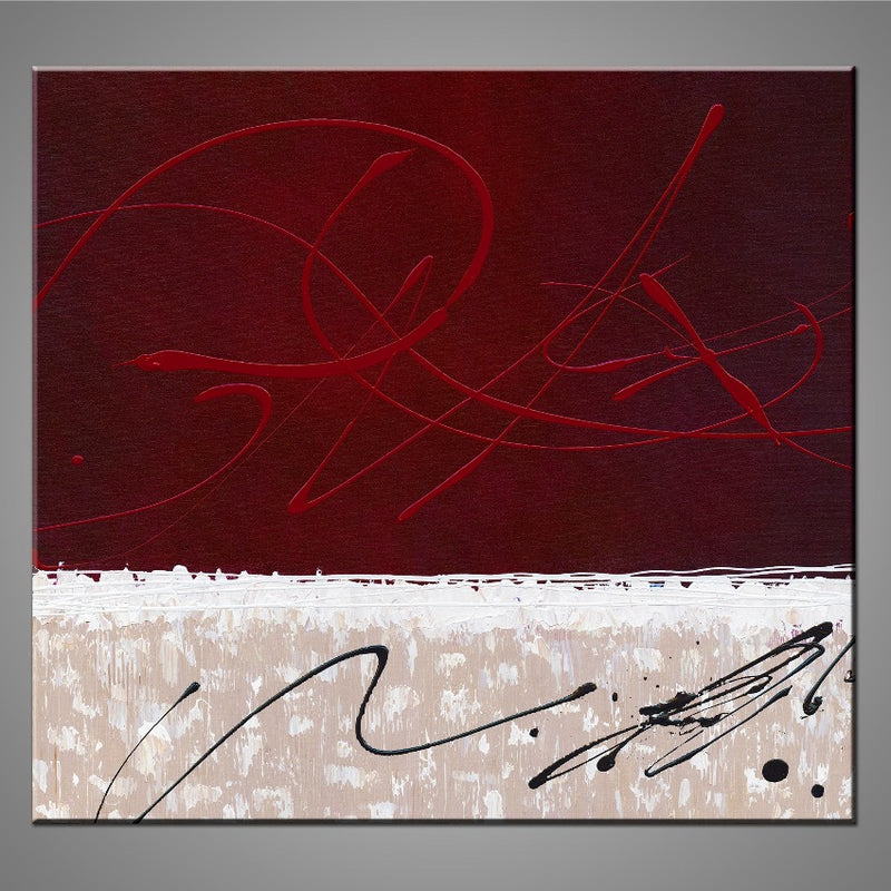 A modern abstract painting featuring the colours burgundy, cream, and black.