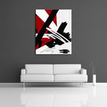 An abstract painting featuring the colours black, white and red. Displayed on a wall.