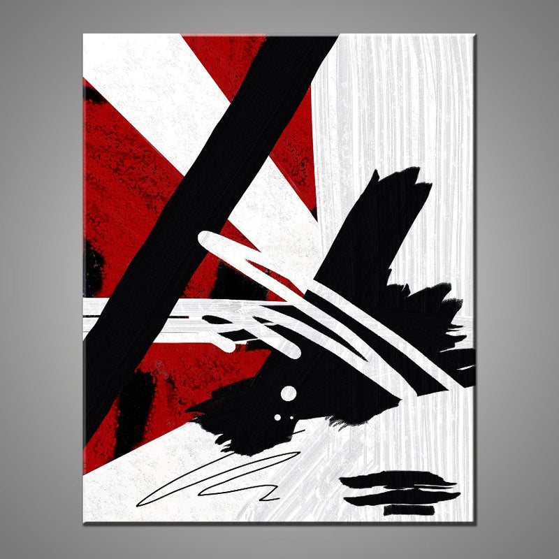 An abstract painting featuring the colours black, white and red.