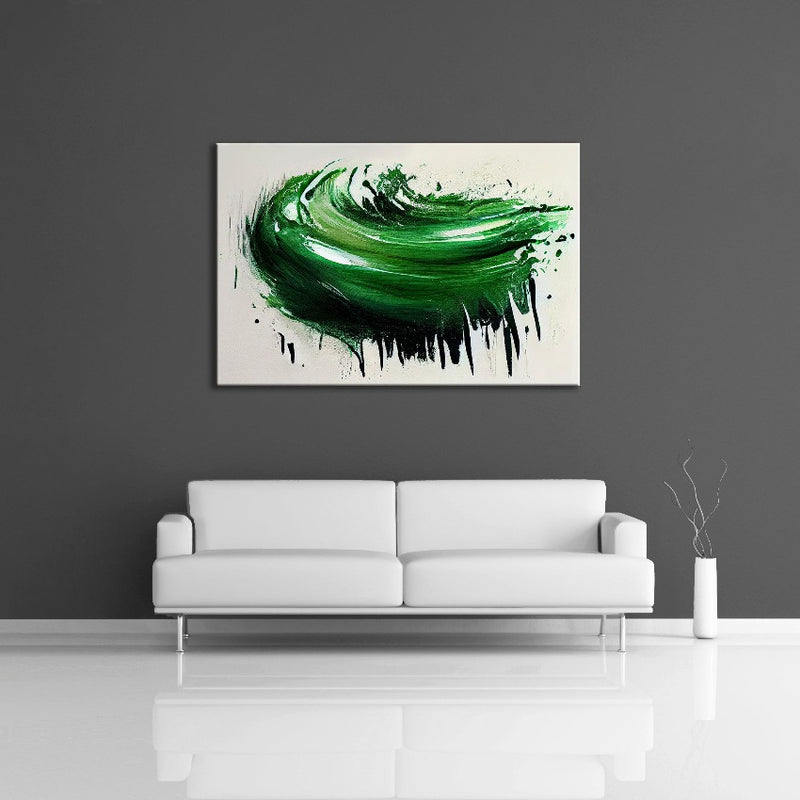 An abstract painting featuring the colours cream, light and dark green over white. Displayed on a wall.