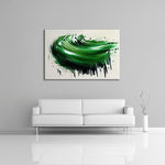An abstract painting featuring the colours cream, light and dark green over white. Displayed over a couch.