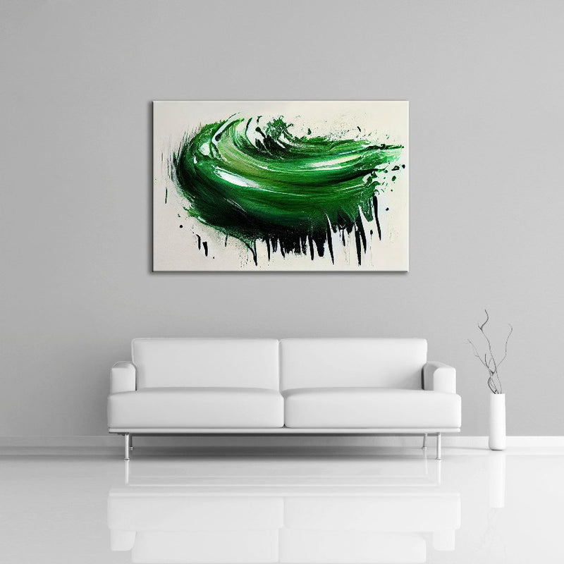 An abstract painting featuring the colours cream, light and dark green over white. Displayed over a couch.