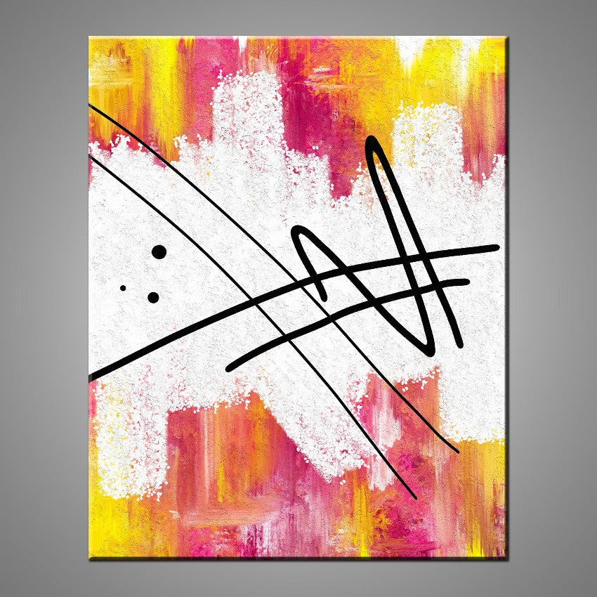 An abstract painting featuring the colours pink, yellow, white and black.