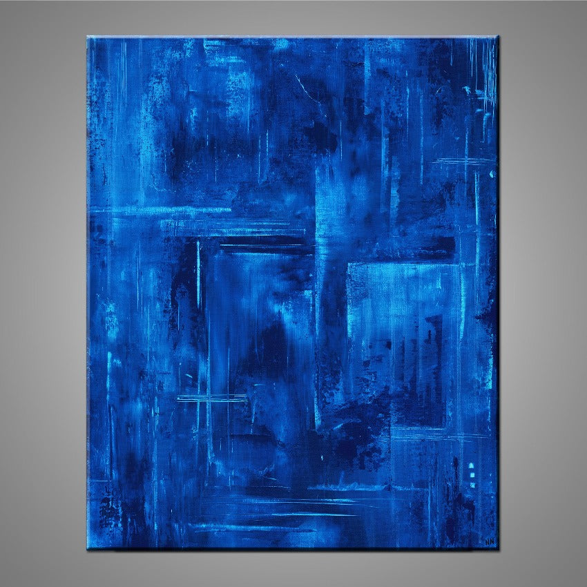 A modern abstract painting featuring the colour blue.