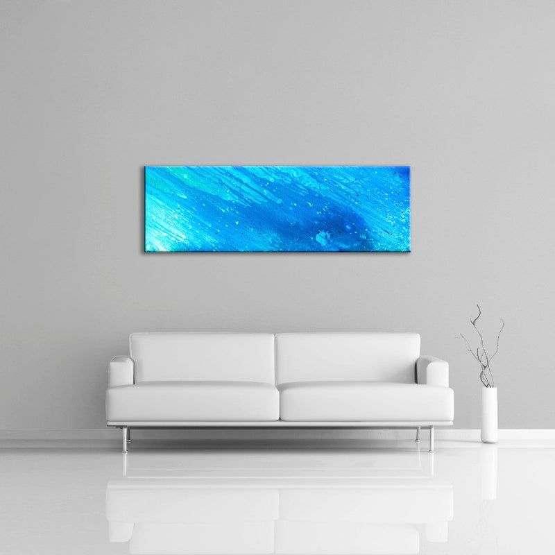 A modern abstract painting featuring the colours  light and dark blue. Displayed horizontally on a wall.