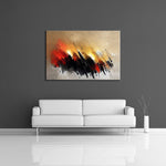 A modern abstract painting featuring the colours red, cream, gray and yellow. Displayed on a wall.