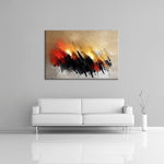 A modern abstract painting featuring the colours red, cream, gray and yellow. Displayed over a couch.