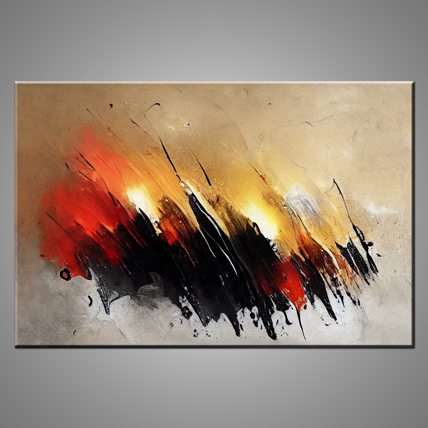 A modern abstract painting featuring the colours red, cream, gray and yellow.