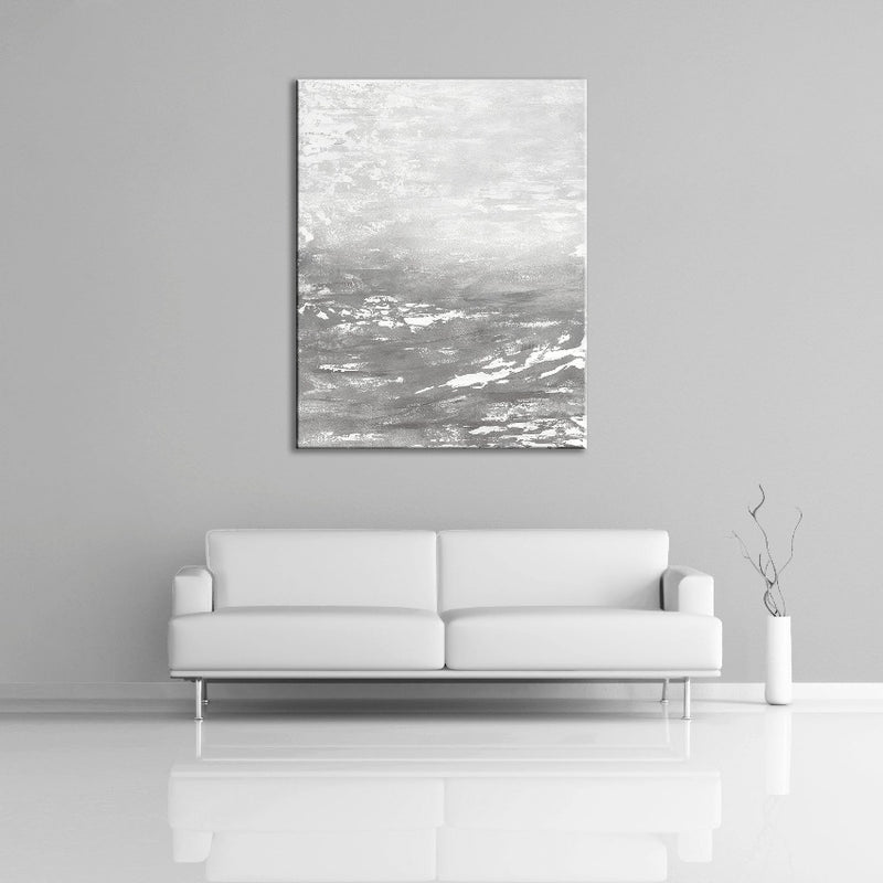 A modern abstract painting featuring the colours silver, gray and white. Displayed on a wall.