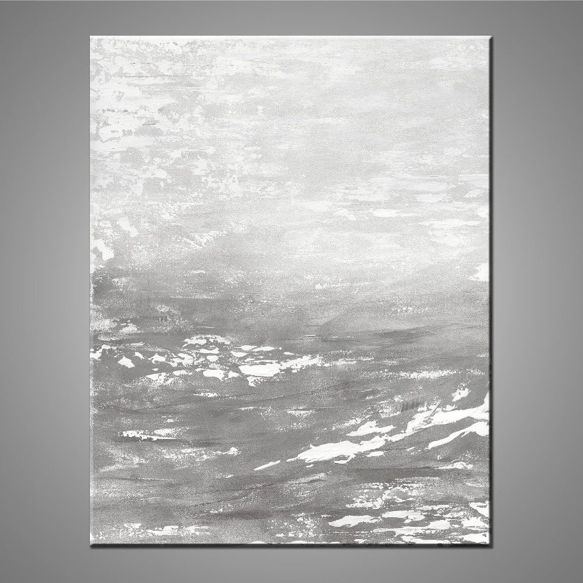 A modern abstract painting featuring the colours silver, gray and white.