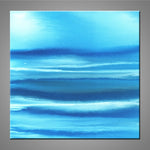 A modern abstract painting featuring the colours light and dark blue with a little white.
